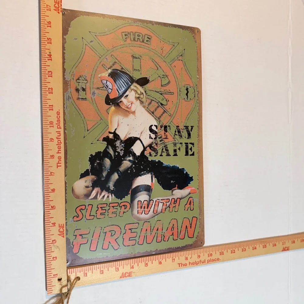 Vintage Style Firefighter Pin Up Girl Metal Sign Sleep With A Fireman 12x17